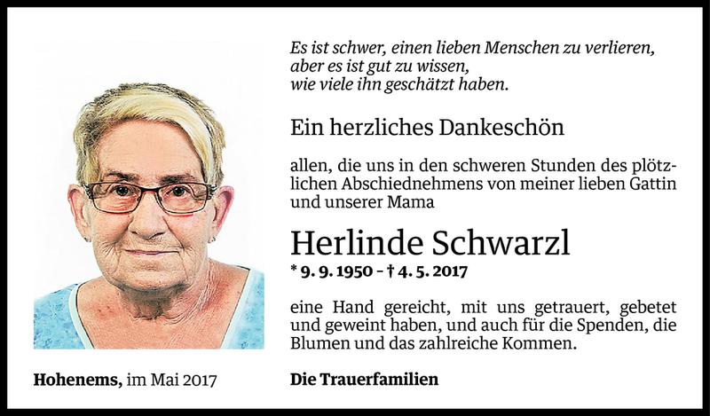 Todesanzeige für Herlinde Schwarzl vom 24.05.2017 aus Vorarlberger Nachrichten