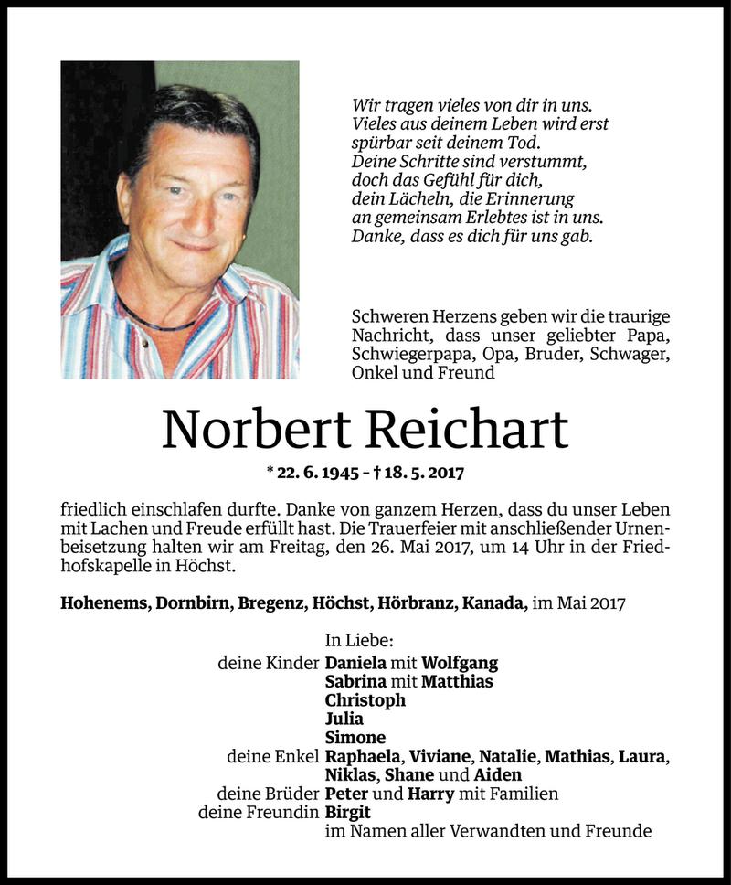  Todesanzeige für Norbert Reichart vom 22.05.2017 aus Vorarlberger Nachrichten