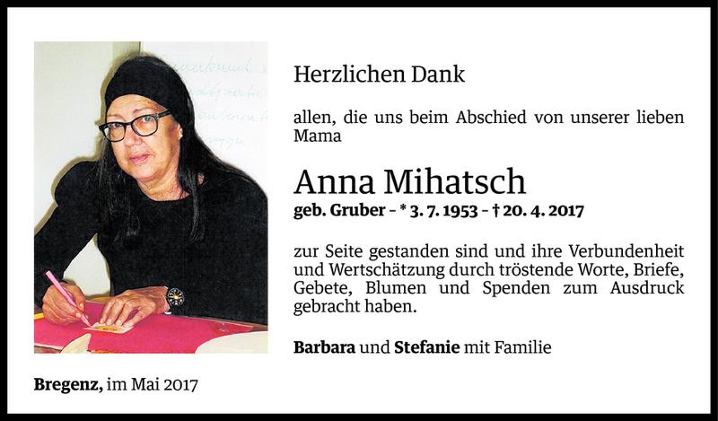  Todesanzeige für Anna Mihatsch vom 23.05.2017 aus Vorarlberger Nachrichten