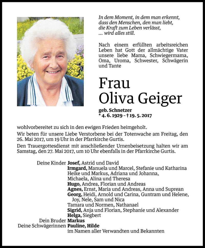  Todesanzeige für Oliva Geiger vom 23.05.2017 aus Vorarlberger Nachrichten