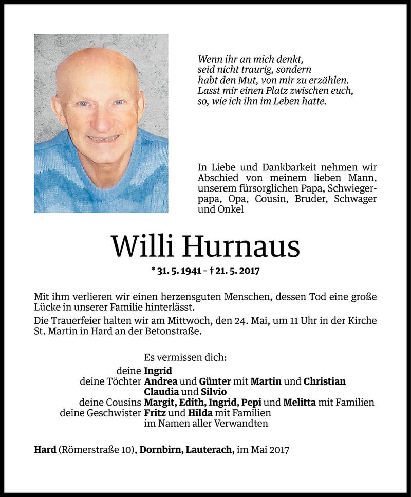  Todesanzeige für Willi Hurnaus vom 22.05.2017 aus Vorarlberger Nachrichten