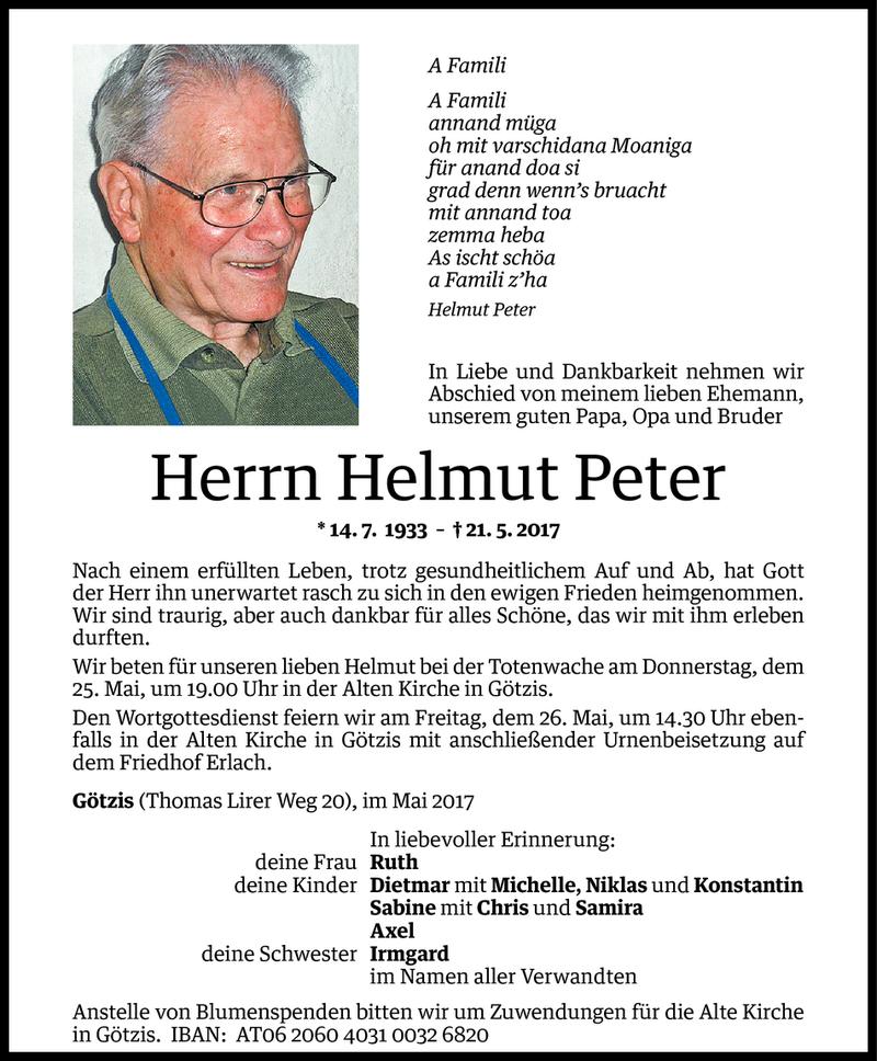 Todesanzeige für Helmut Peter vom 23.05.2017 aus Vorarlberger Nachrichten