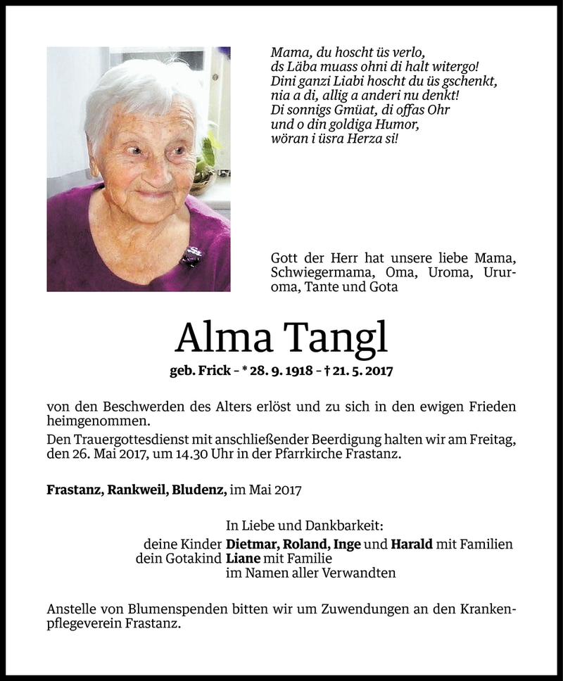  Todesanzeige für Alma Tangl vom 23.05.2017 aus Vorarlberger Nachrichten