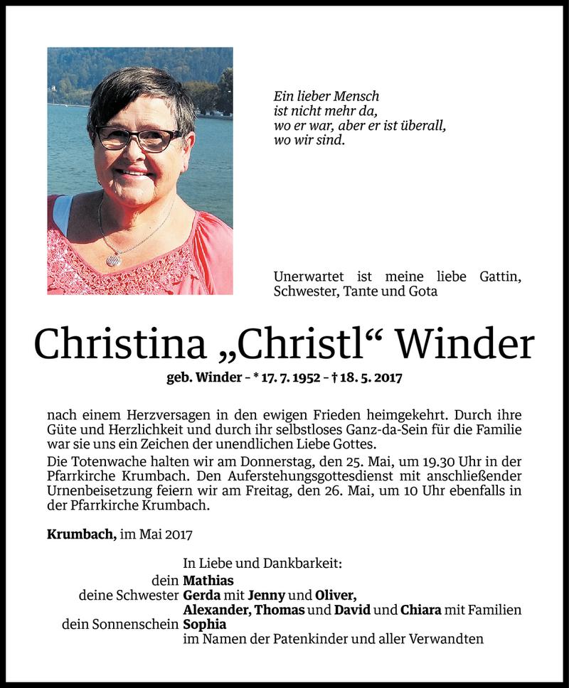  Todesanzeige für Christina Winder vom 23.05.2017 aus Vorarlberger Nachrichten