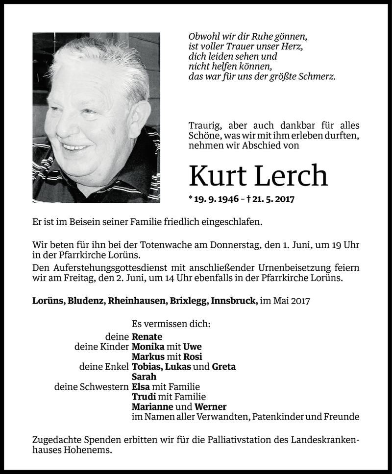  Todesanzeige für Kurt Lerch vom 30.05.2017 aus Vorarlberger Nachrichten