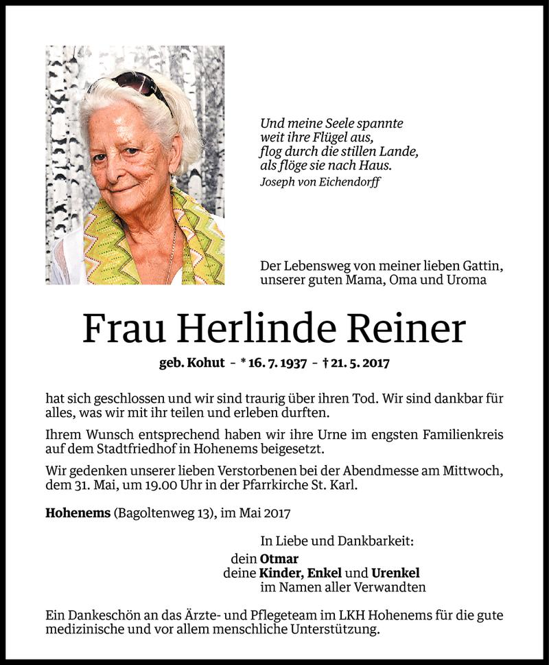  Todesanzeige für Herlinde Reiner vom 27.05.2017 aus Vorarlberger Nachrichten