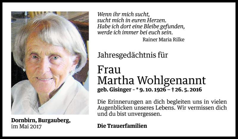  Todesanzeige für Martha Wohlgenannt vom 24.05.2017 aus Vorarlberger Nachrichten