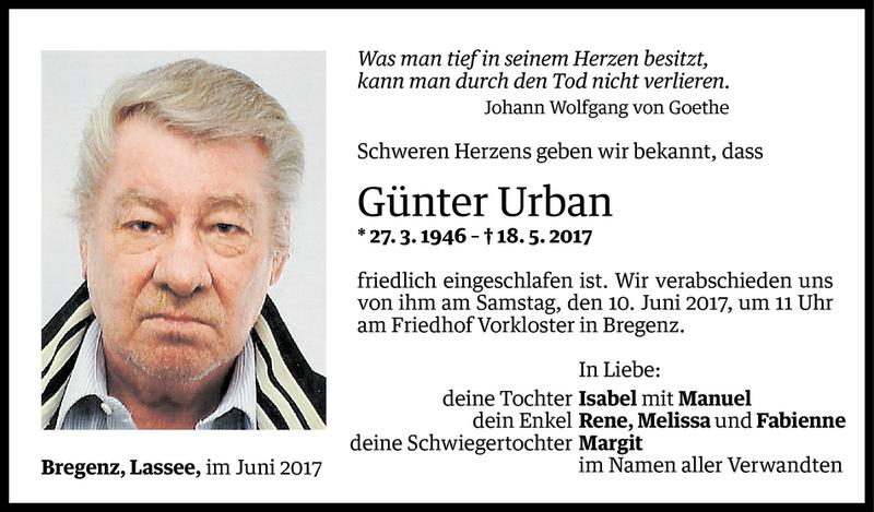  Todesanzeige für Günter Urban vom 05.06.2017 aus Vorarlberger Nachrichten