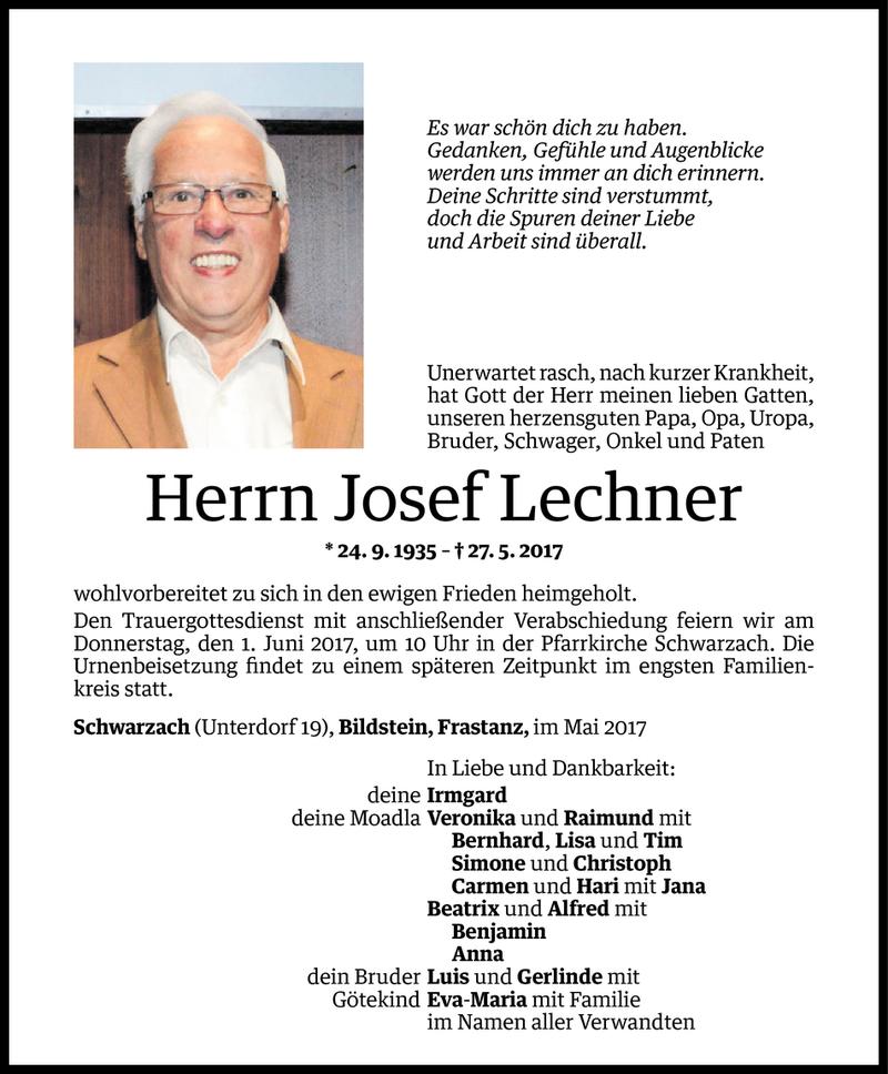  Todesanzeige für Josef Lechner vom 29.05.2017 aus Vorarlberger Nachrichten