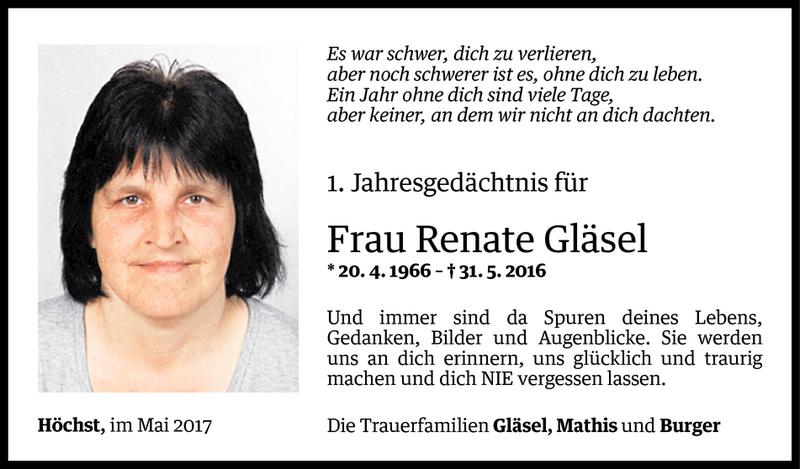  Todesanzeige für Renate Gläsel vom 30.05.2017 aus Vorarlberger Nachrichten