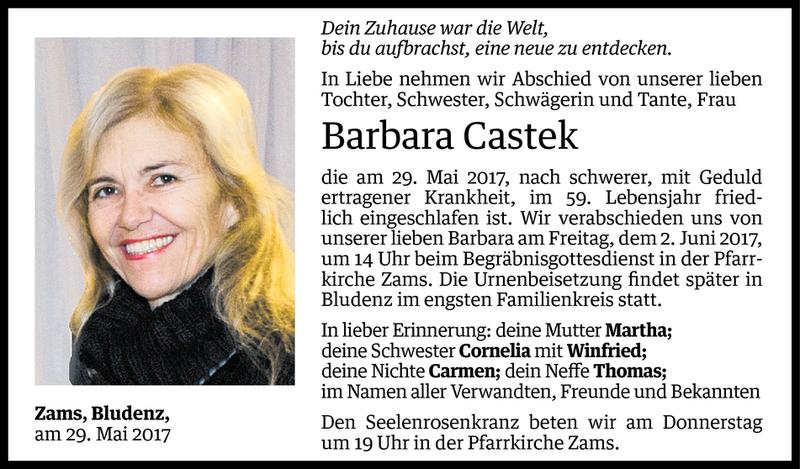  Todesanzeige für Barbara Castek vom 30.05.2017 aus Vorarlberger Nachrichten