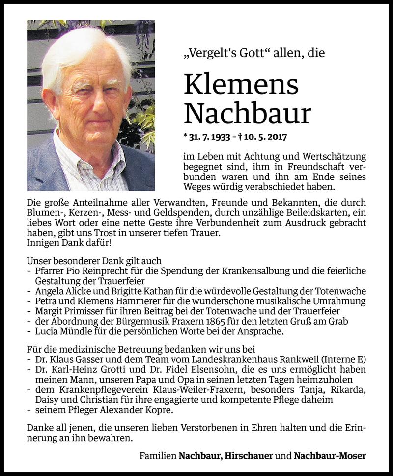  Todesanzeige für Klemens Nachbaur vom 02.06.2017 aus Vorarlberger Nachrichten
