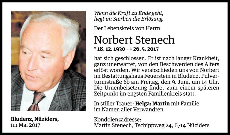  Todesanzeige für Norbert Stenech vom 06.06.2017 aus Vorarlberger Nachrichten