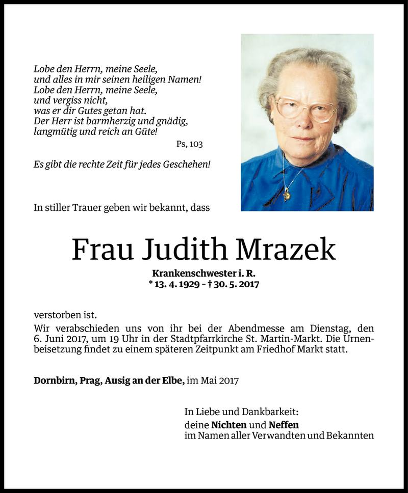  Todesanzeige für Judith Mrazek vom 02.06.2017 aus Vorarlberger Nachrichten