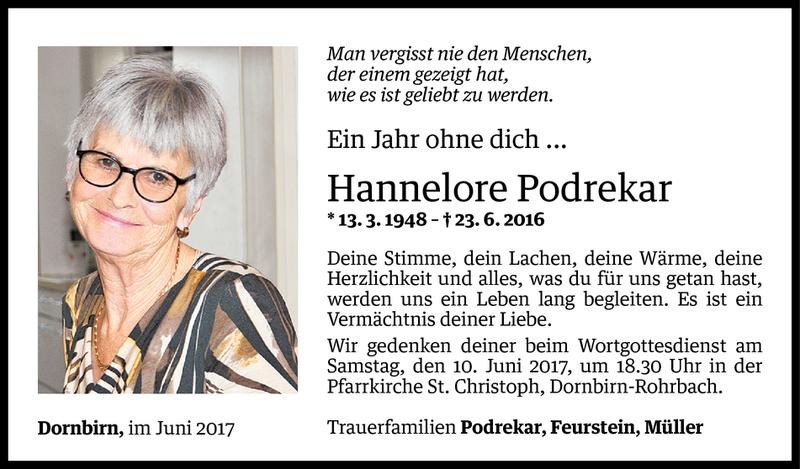  Todesanzeige für Hannelore Podrekar vom 06.06.2017 aus Vorarlberger Nachrichten