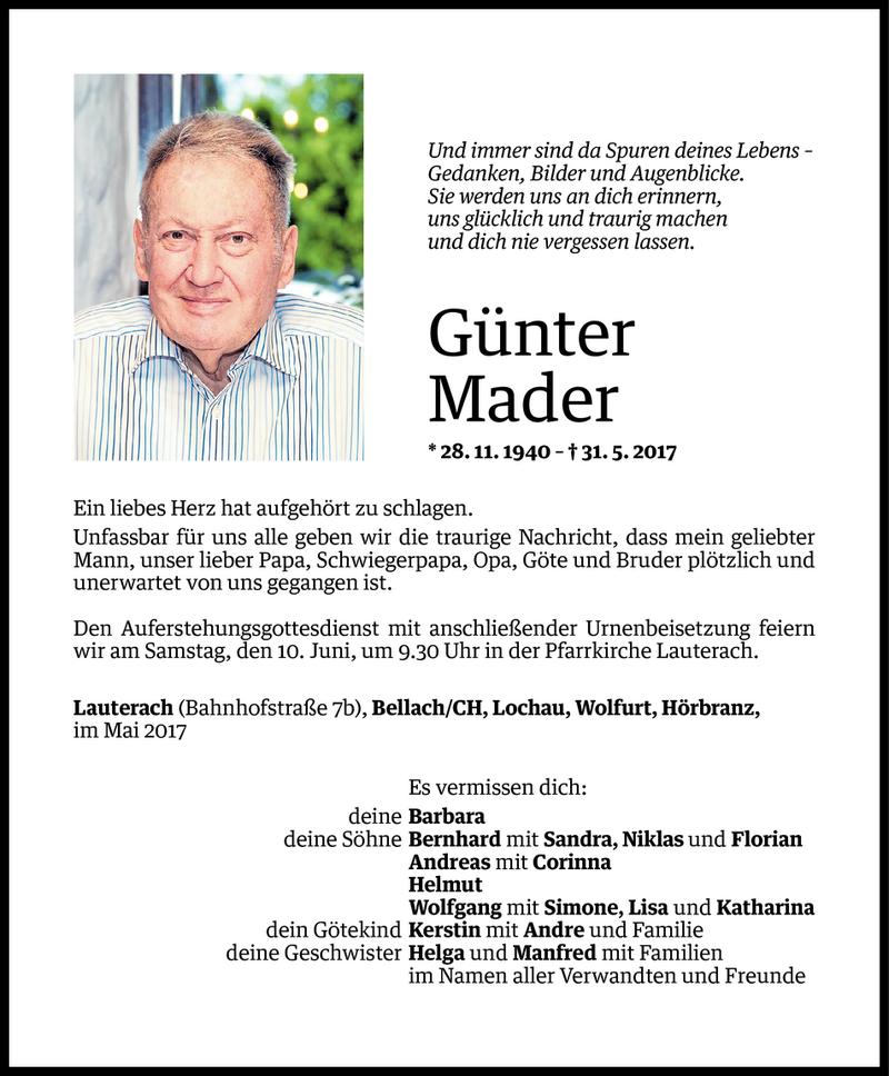  Todesanzeige für Günter Mader vom 06.06.2017 aus Vorarlberger Nachrichten