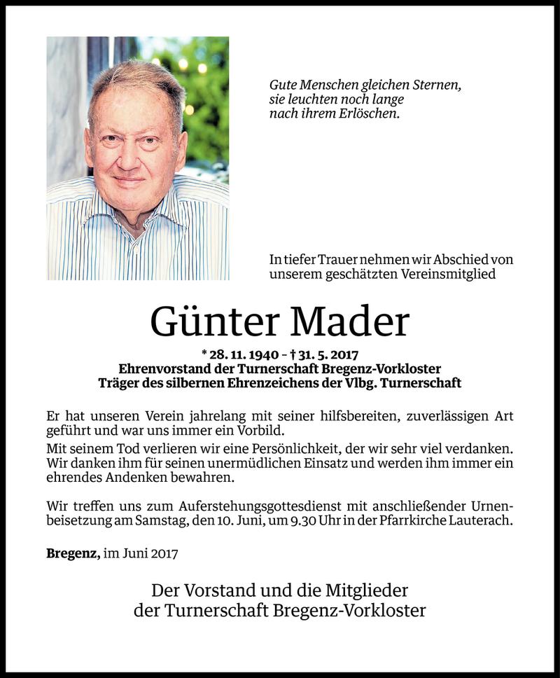  Todesanzeige für Günter Mader vom 07.06.2017 aus Vorarlberger Nachrichten