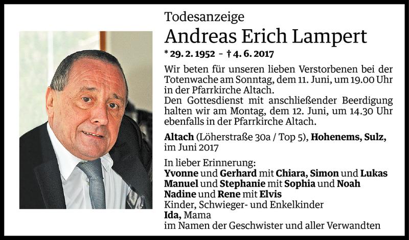  Todesanzeige für Andreas Erich Lampert vom 09.06.2017 aus Vorarlberger Nachrichten