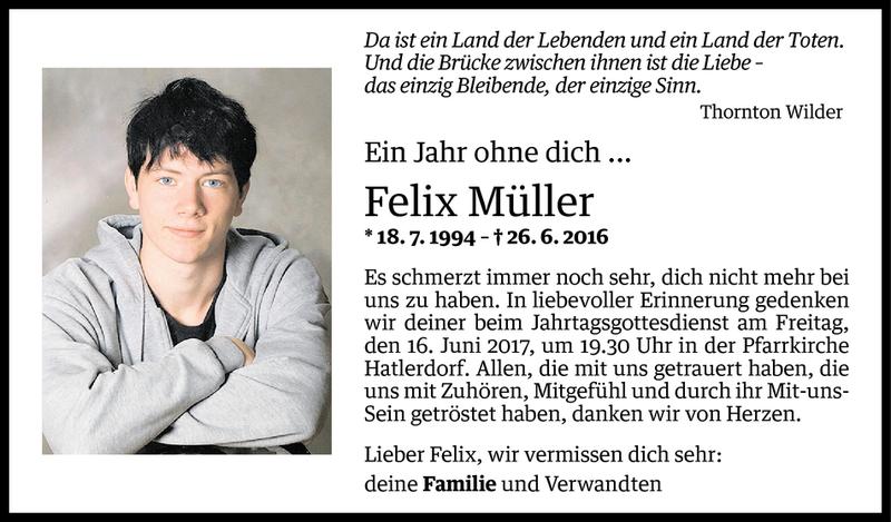  Todesanzeige für Felix Müller vom 13.06.2017 aus Vorarlberger Nachrichten