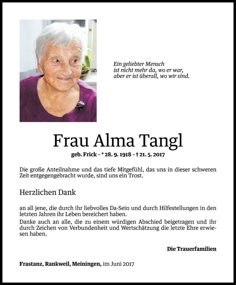  Todesanzeige für Alma Tangl vom 09.06.2017 aus Vorarlberger Nachrichten