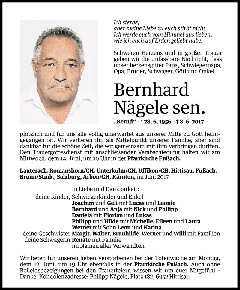  Todesanzeige für Bernhard Nägele vom 09.06.2017 aus Vorarlberger Nachrichten