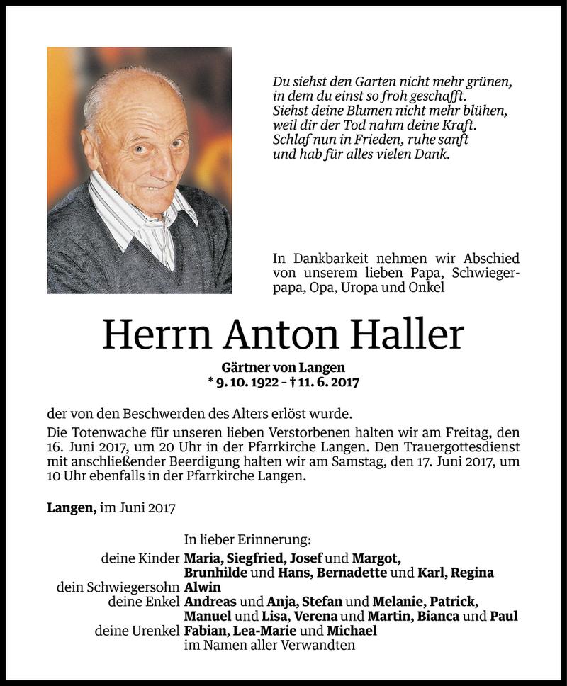 Todesanzeige für Anton Haller vom 13.06.2017 aus Vorarlberger Nachrichten