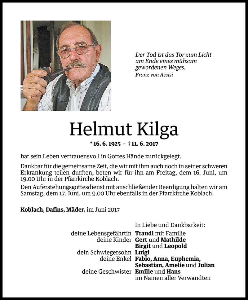  Todesanzeige für Helmut Kilga vom 14.06.2017 aus Vorarlberger Nachrichten
