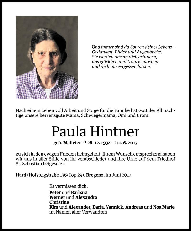  Todesanzeige für Paula Hinter vom 17.06.2017 aus Vorarlberger Nachrichten