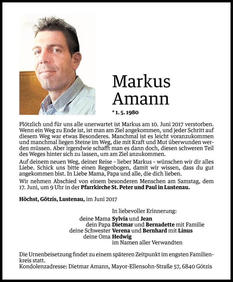 Todesanzeige für Markus Amann vom 14.06.2017 aus Vorarlberger Nachrichten