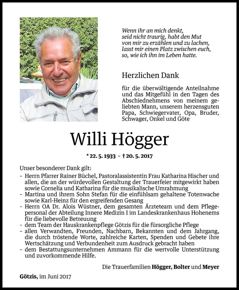  Todesanzeige für Willi Högger vom 15.06.2017 aus Vorarlberger Nachrichten