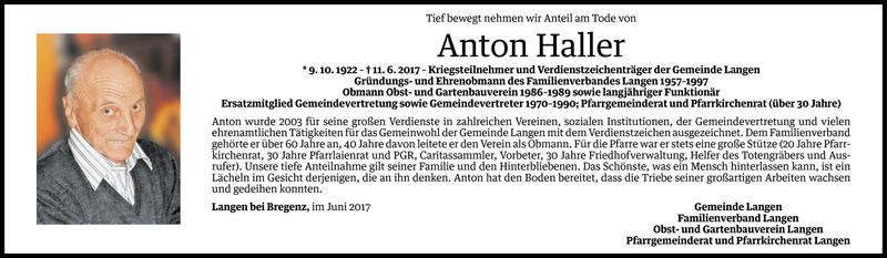  Todesanzeige für Anton Haller vom 14.06.2017 aus Vorarlberger Nachrichten