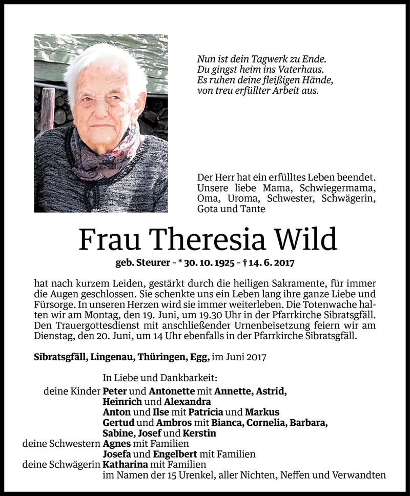  Todesanzeige für Theresia Wild vom 16.06.2017 aus Vorarlberger Nachrichten