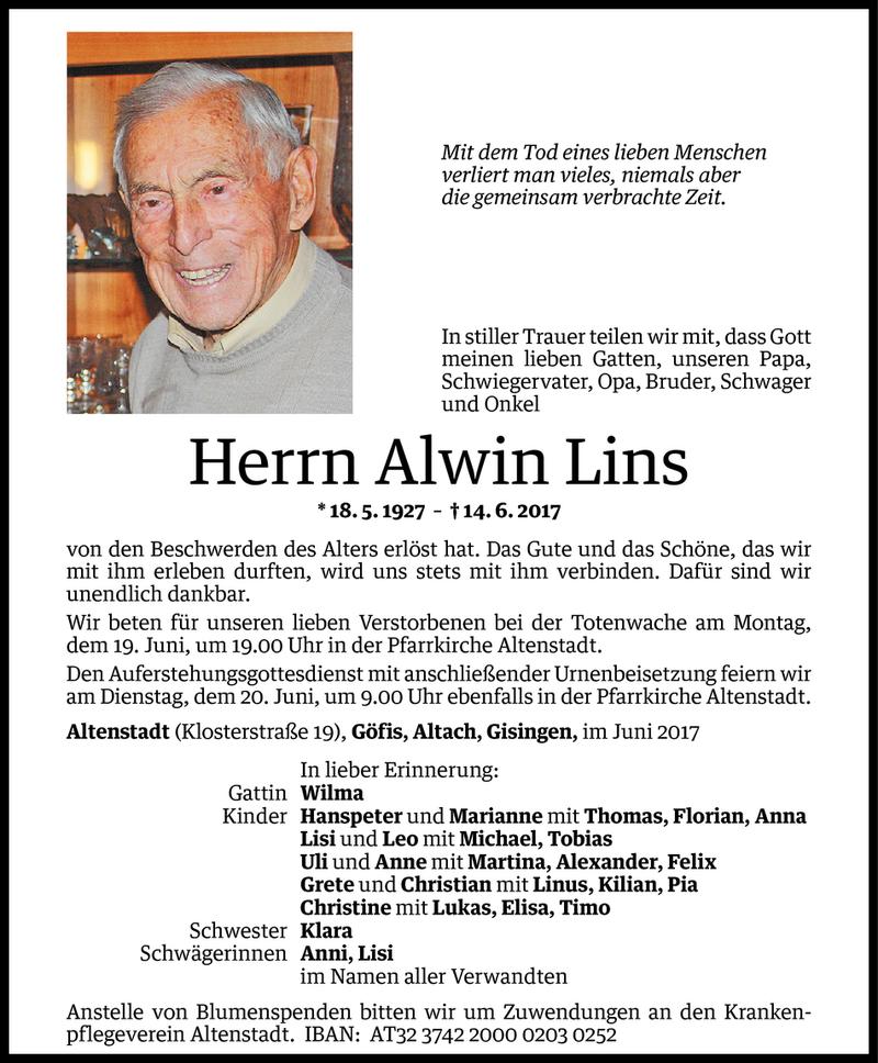  Todesanzeige für Alwin Lins vom 17.06.2017 aus Vorarlberger Nachrichten