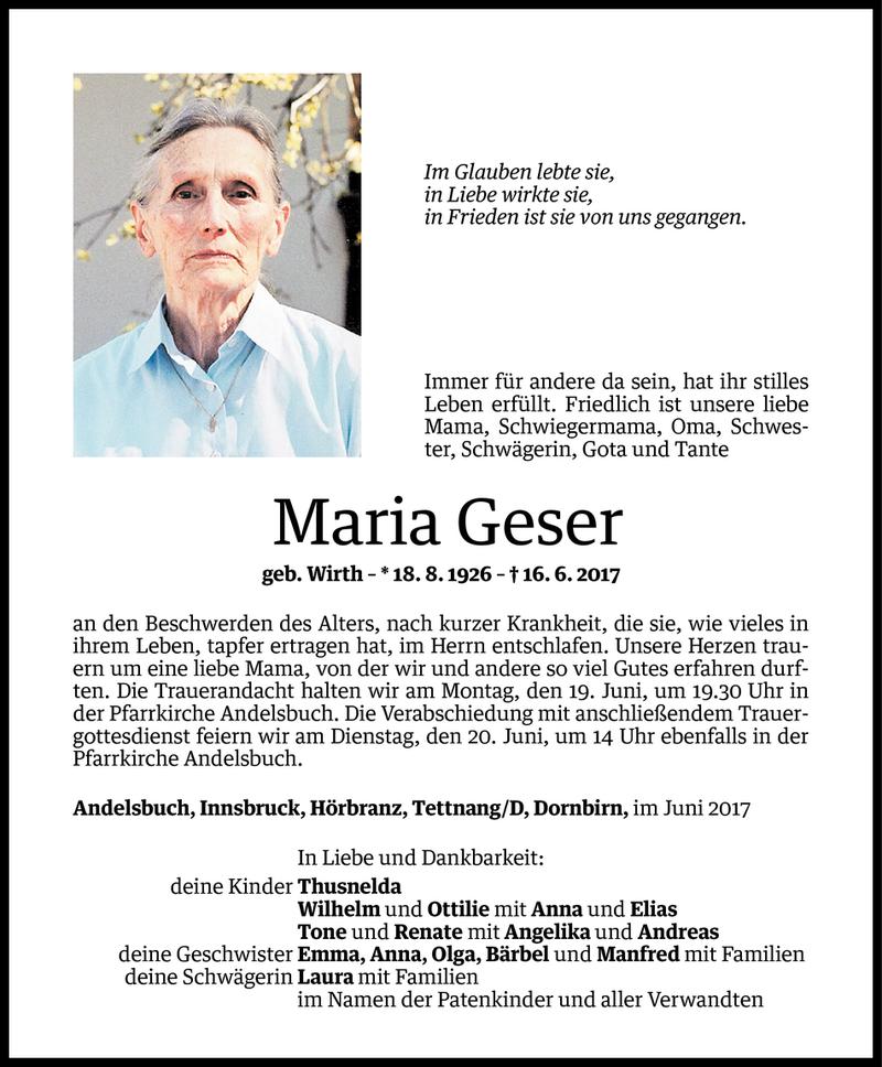  Todesanzeige für Maria Geser vom 16.06.2017 aus Vorarlberger Nachrichten