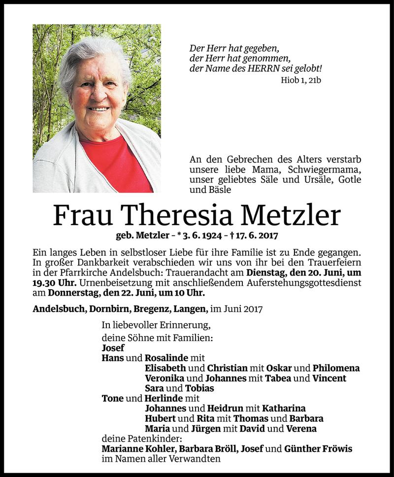  Todesanzeige für Theresia Metzler vom 18.06.2017 aus Vorarlberger Nachrichten
