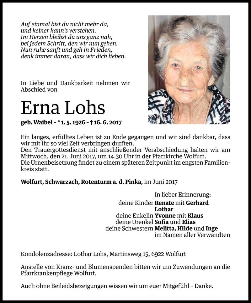  Todesanzeige für Erna Lohs vom 18.06.2017 aus Vorarlberger Nachrichten