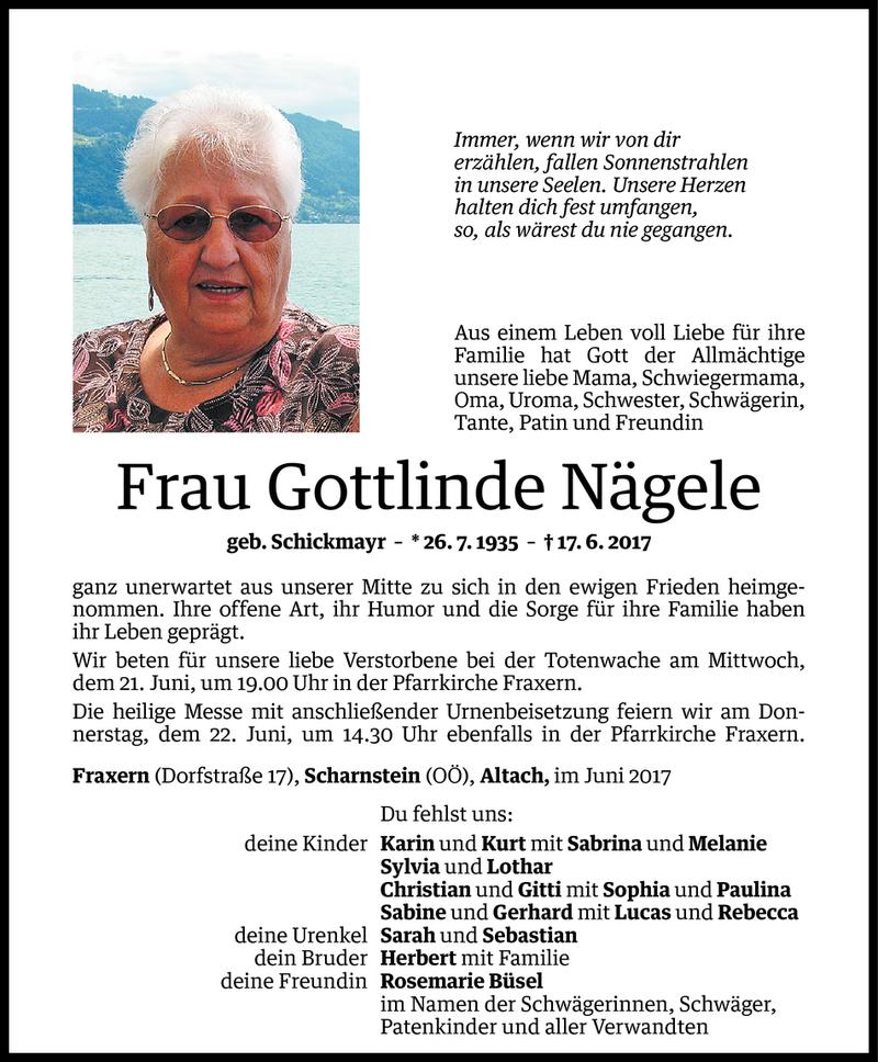  Todesanzeige für Gottlinde Nägele vom 20.06.2017 aus Vorarlberger Nachrichten