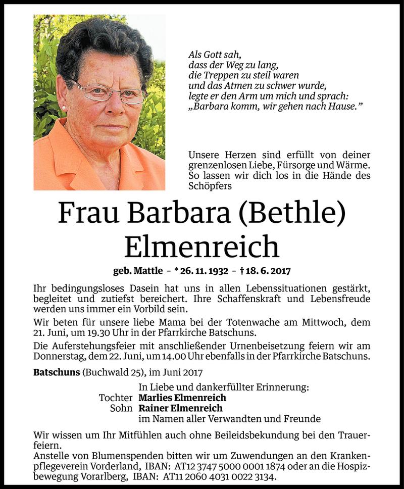  Todesanzeige für Barbara Elmenreich vom 20.06.2017 aus Vorarlberger Nachrichten