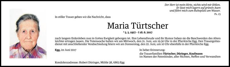  Todesanzeige für Maria Türtscher vom 19.06.2017 aus Vorarlberger Nachrichten