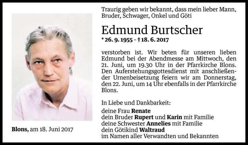  Todesanzeige für Edmund Burtscher vom 19.06.2017 aus Vorarlberger Nachrichten
