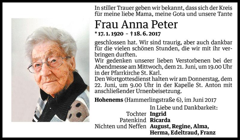  Todesanzeige für Anna Peter vom 19.06.2017 aus Vorarlberger Nachrichten