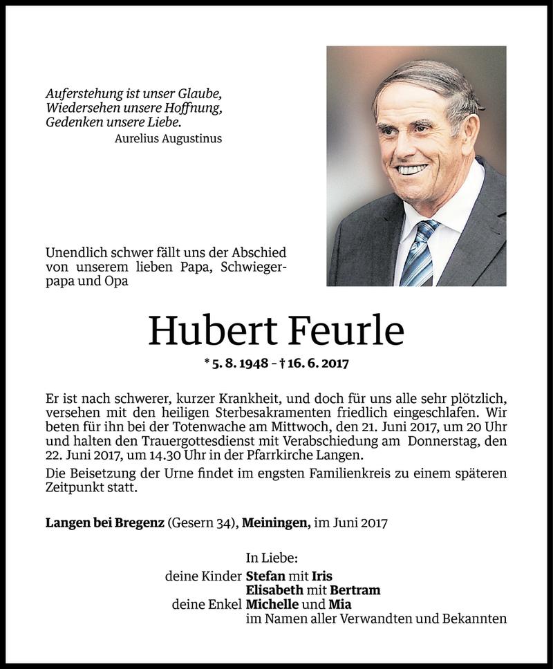  Todesanzeige für Hubert Feurle vom 19.06.2017 aus Vorarlberger Nachrichten