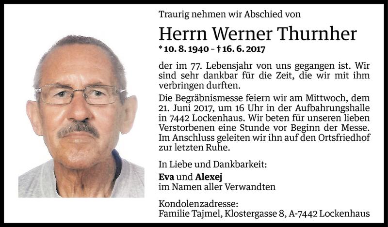  Todesanzeige für Werner Thurnher vom 19.06.2017 aus Vorarlberger Nachrichten