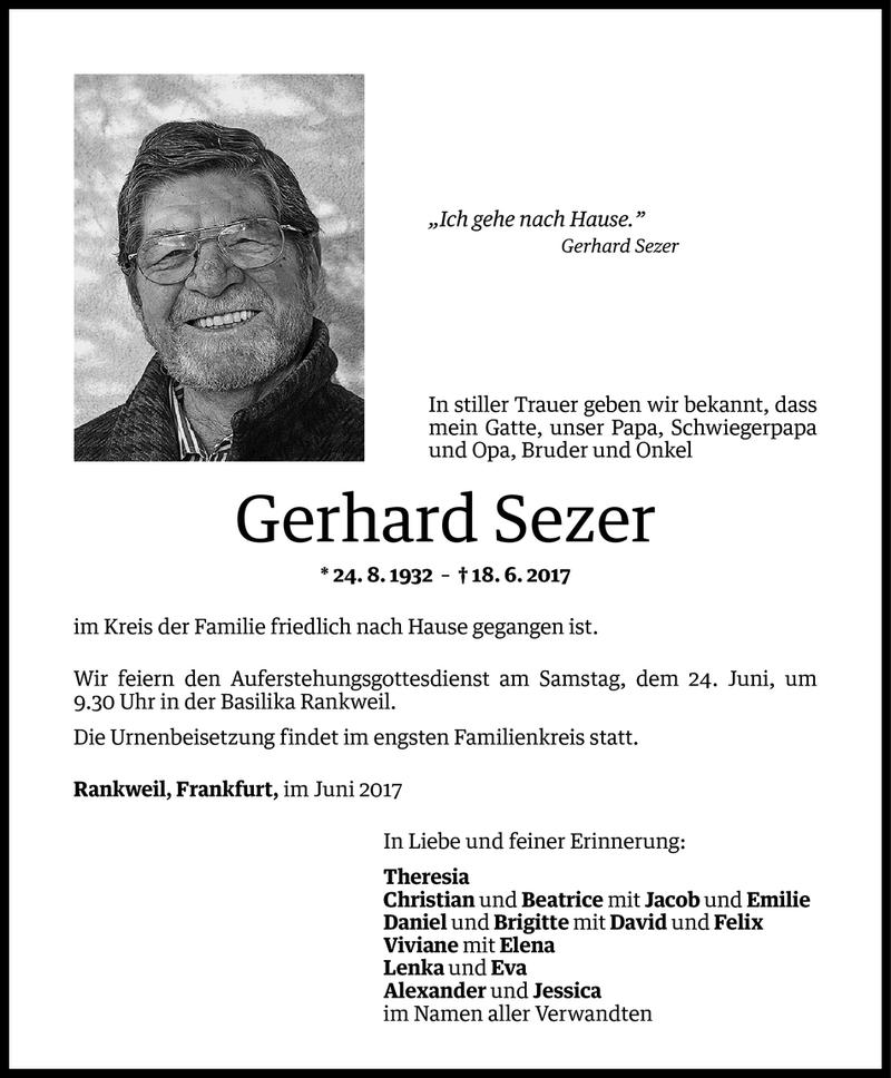  Todesanzeige für Gerhard Sezer vom 21.06.2017 aus Vorarlberger Nachrichten