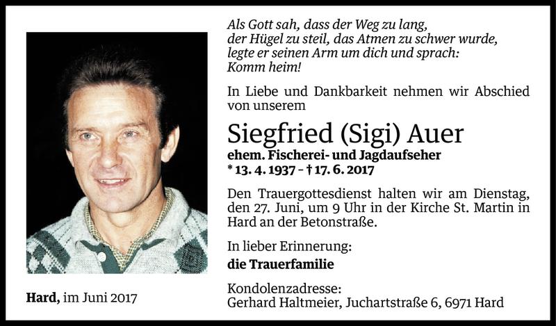  Todesanzeige für Siegfried Auer vom 20.06.2017 aus Vorarlberger Nachrichten