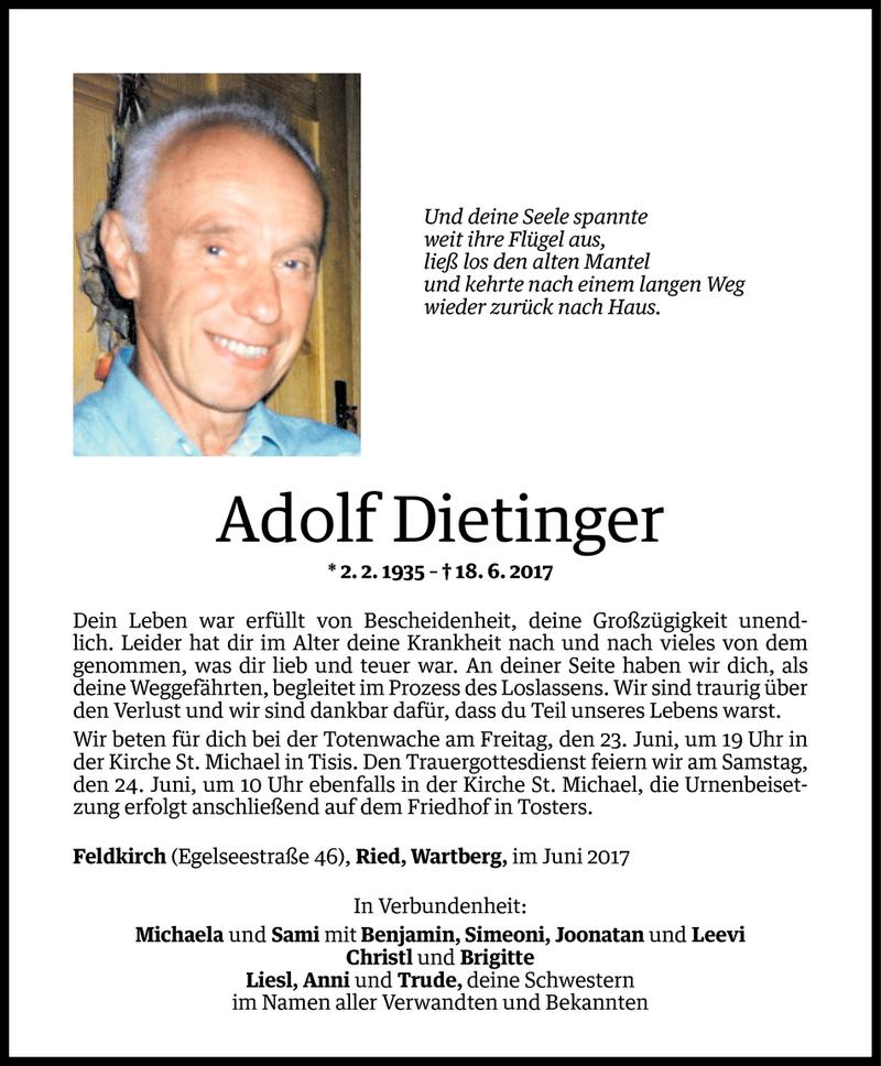  Todesanzeige für Adolf Dietinger vom 21.06.2017 aus Vorarlberger Nachrichten