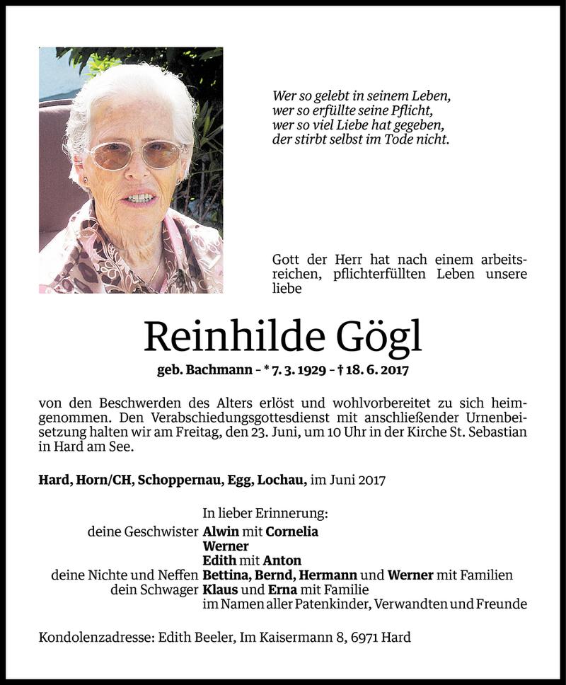  Todesanzeige für Reinhilde Gögl vom 20.06.2017 aus Vorarlberger Nachrichten