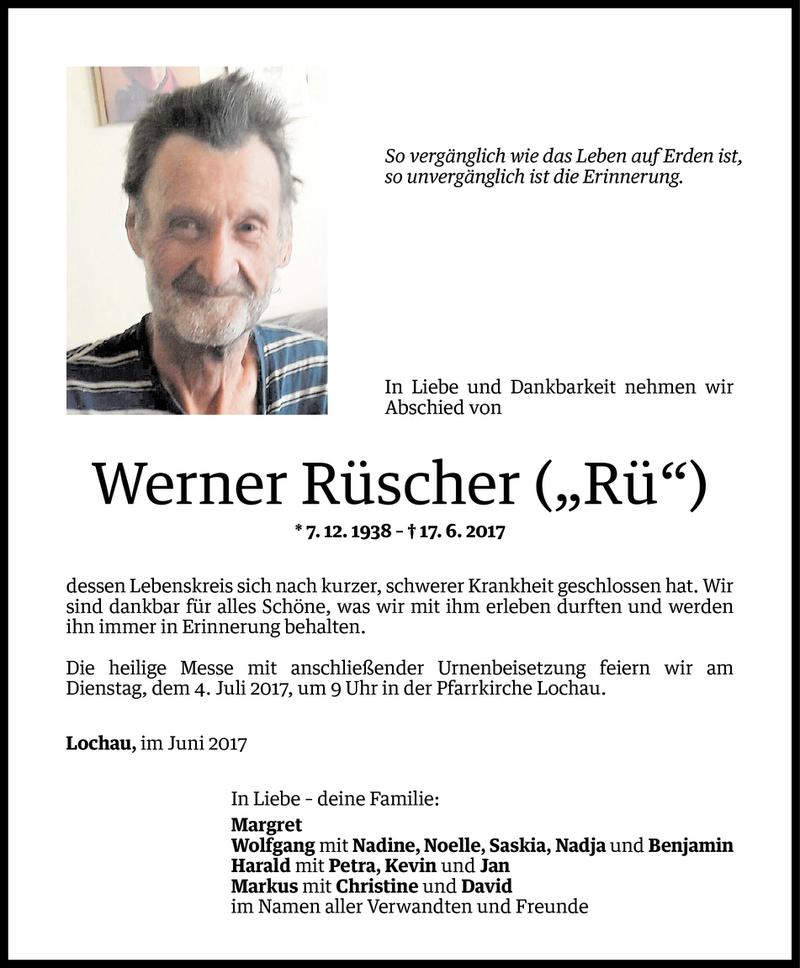  Todesanzeige für Werner Rüscher vom 21.06.2017 aus Vorarlberger Nachrichten