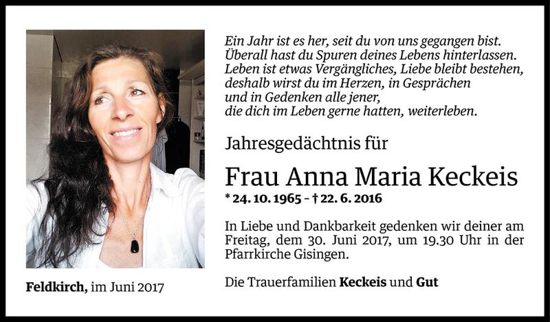  Todesanzeige für Anna Maria Keckeis vom 21.06.2017 aus Vorarlberger Nachrichten