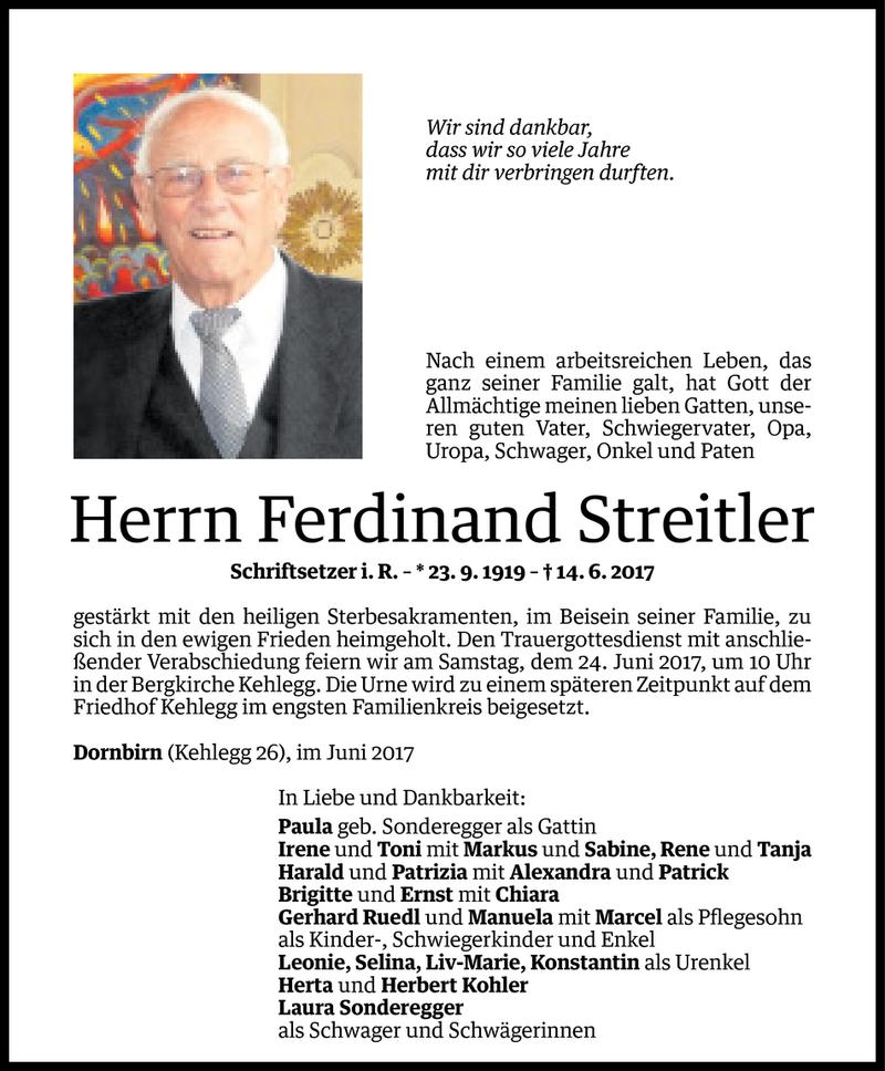  Todesanzeige für Ferdinand Streitler vom 21.06.2017 aus Vorarlberger Nachrichten